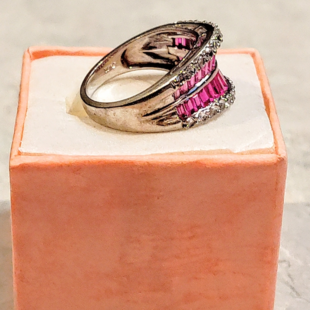 STERLING SILVER RUBY & DIAMOND RING BAGUETTE CUT RUBY & ROUND CUT DIAMONDS 8½ - Picture 8 of 16